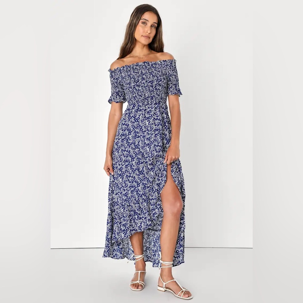 Off-Shoulder Navy Floral Maxi Dress with Side Slit